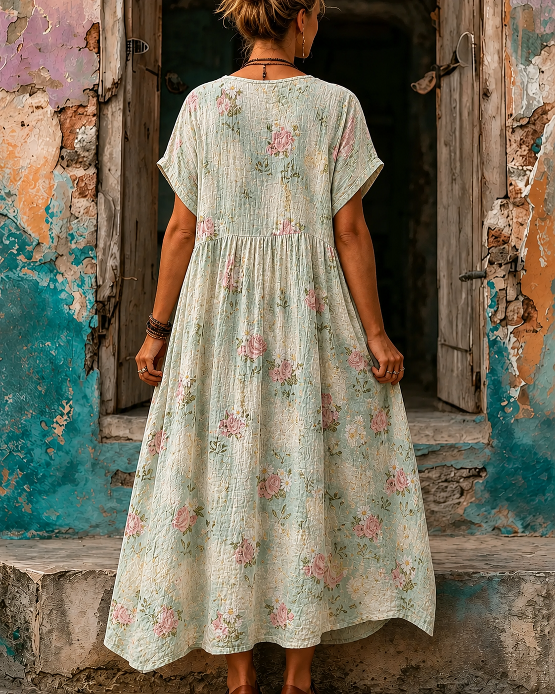 Women's Vacation Linen Boho Floral Print V-Neck Short Sleeve Maxi Dress