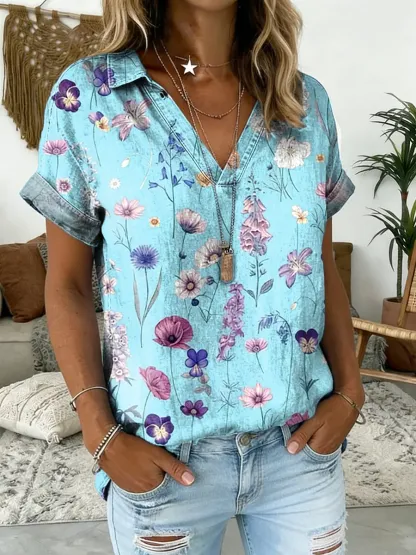 Women's Floral Print V-Neck Short-Sleeve Denim Shirt
