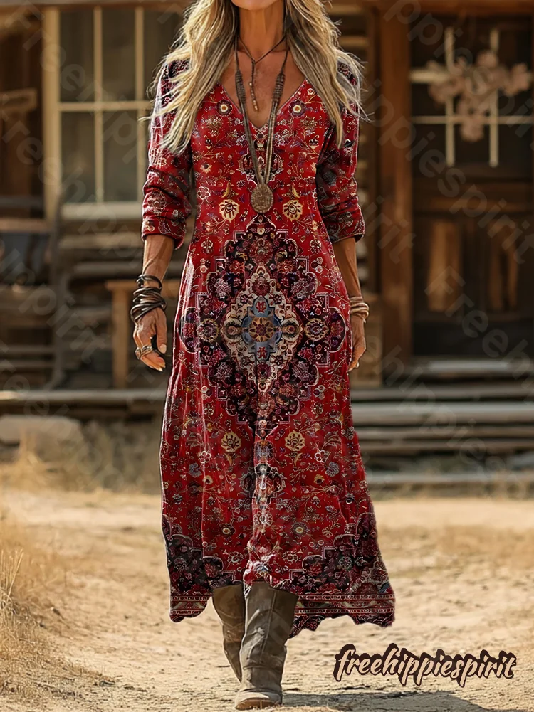 Vintage Ethnic Pattern Art Print Pocket Cotton Dress