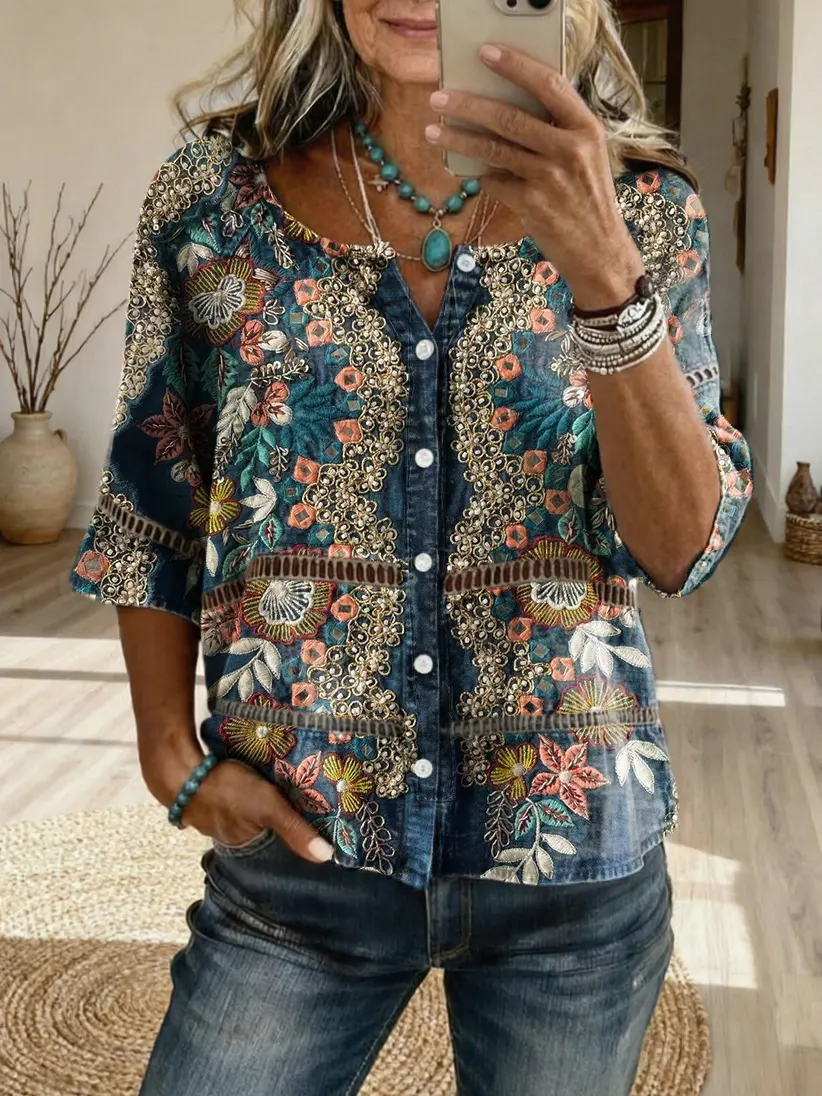 Women's Bohemian Textured Ethnic Floral Art Print Casual Cutout Top