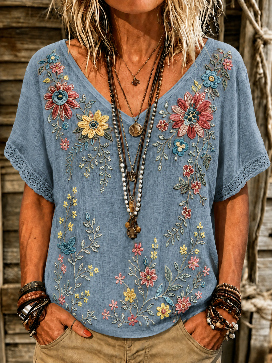 Retro Boho Forlal Print V-Neck Blouse