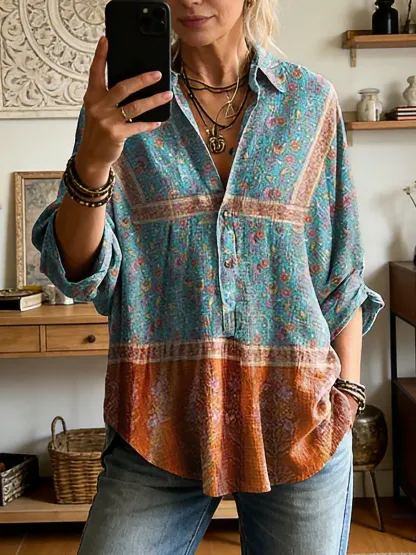 Women's Vintage Floral Art Print Casual Long-sleeve Shirt
