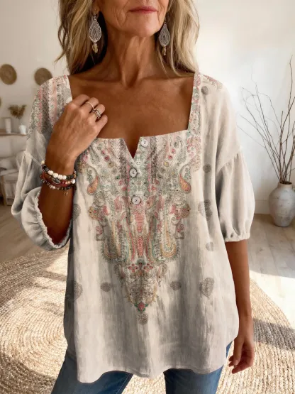 Women's Vintage Ethnic Floral Print Artistic Casual Square Neck Top
