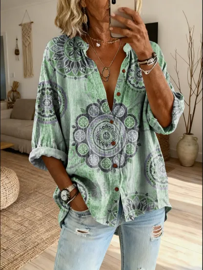 Women's Bohemian Totem Floral Art Print Casual Cotton Linen Shirt