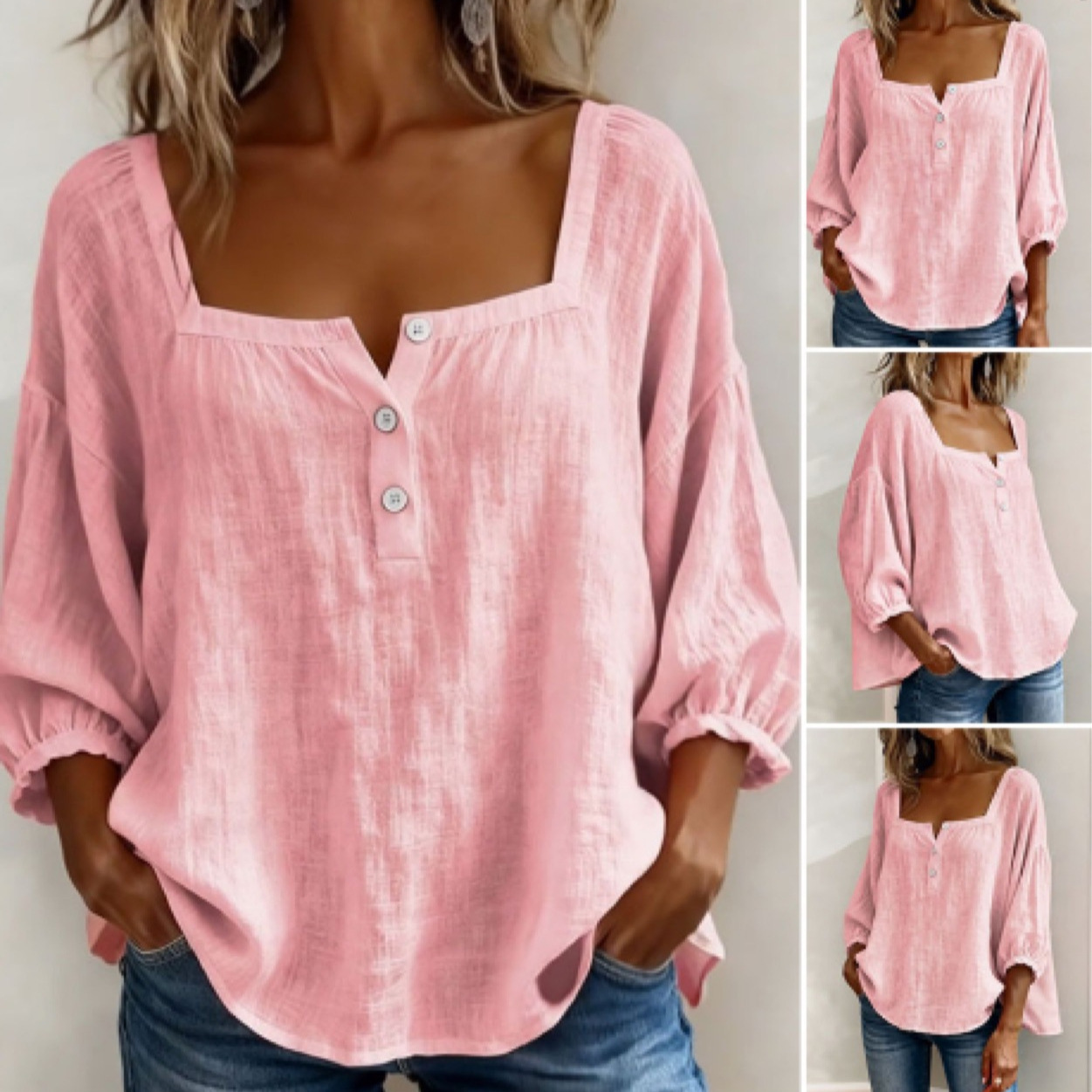 Pink Square-Neck Half-Button Shirt