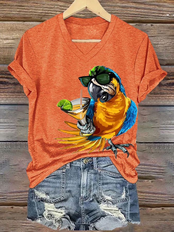 Women's  Funny Drinking Parrot Print T-Shirt