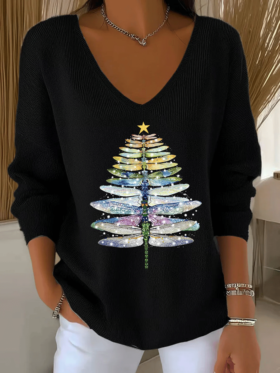 Women's Christmas Print V Neck Sweater