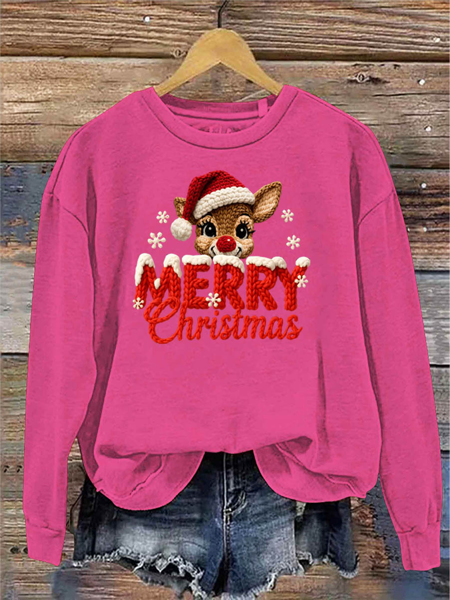 Women's Merry Christmas And Elk Knitting Crochet Pattern Neck Sweatshirt