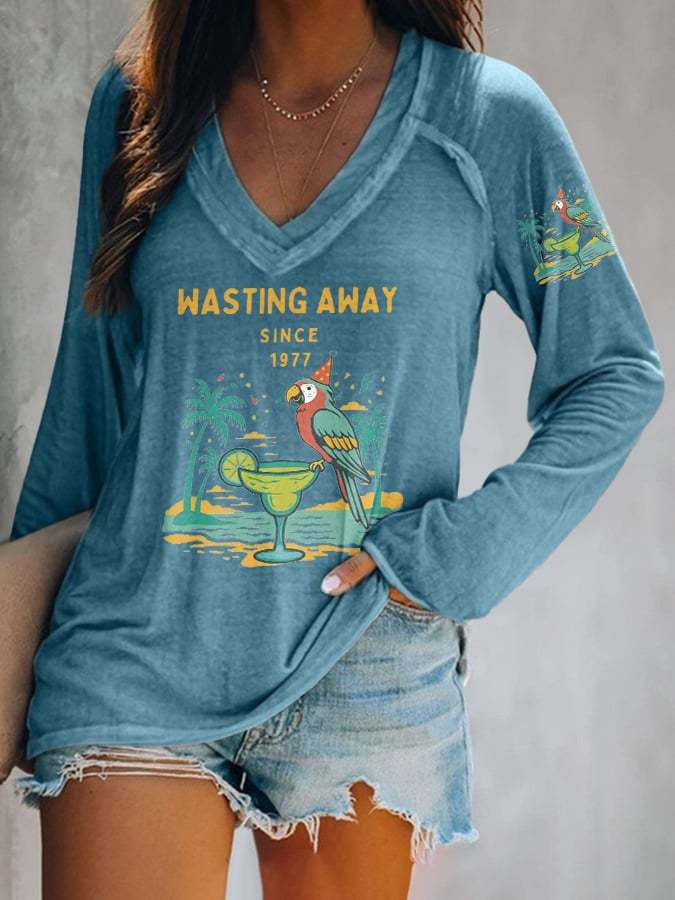 V-neck Retro Parrot Margarita Wasting Away Since 1977 Print T-Shirt