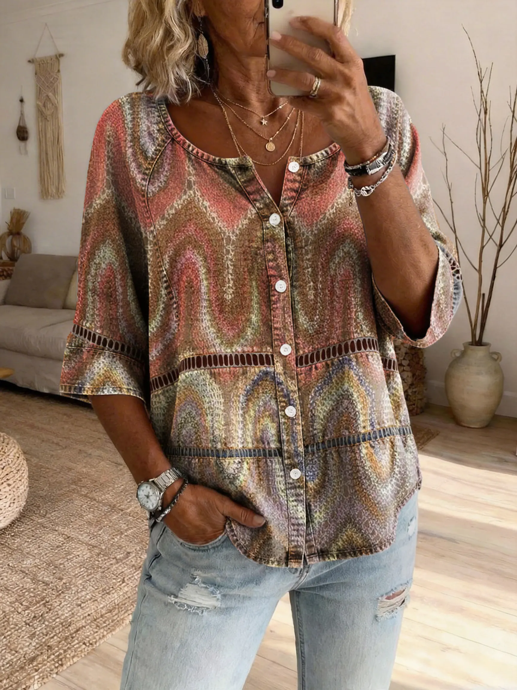 Women's Bohemian-Patterned Artistic Print Casual Cutout Top