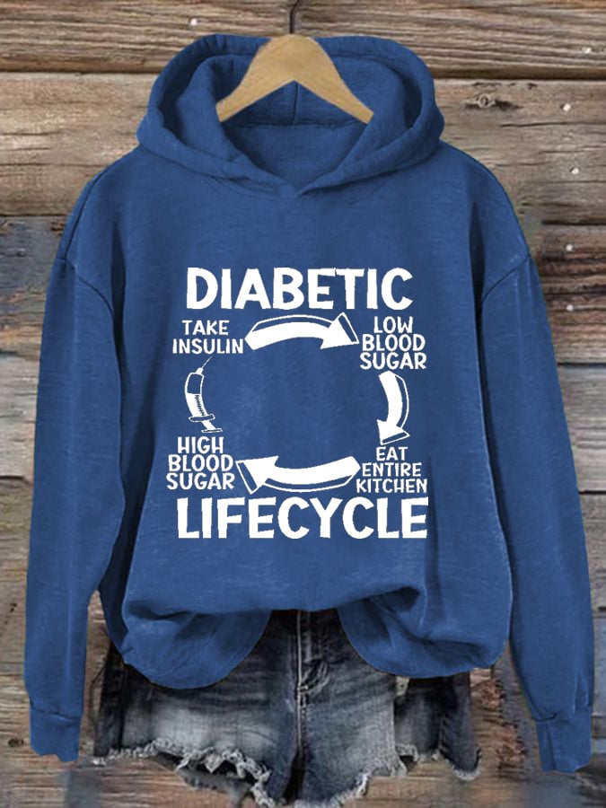 Women's Diabetic Life Cycle Diabetes Support Awareness Print Hoodie Long Sleeve Sweatshirt