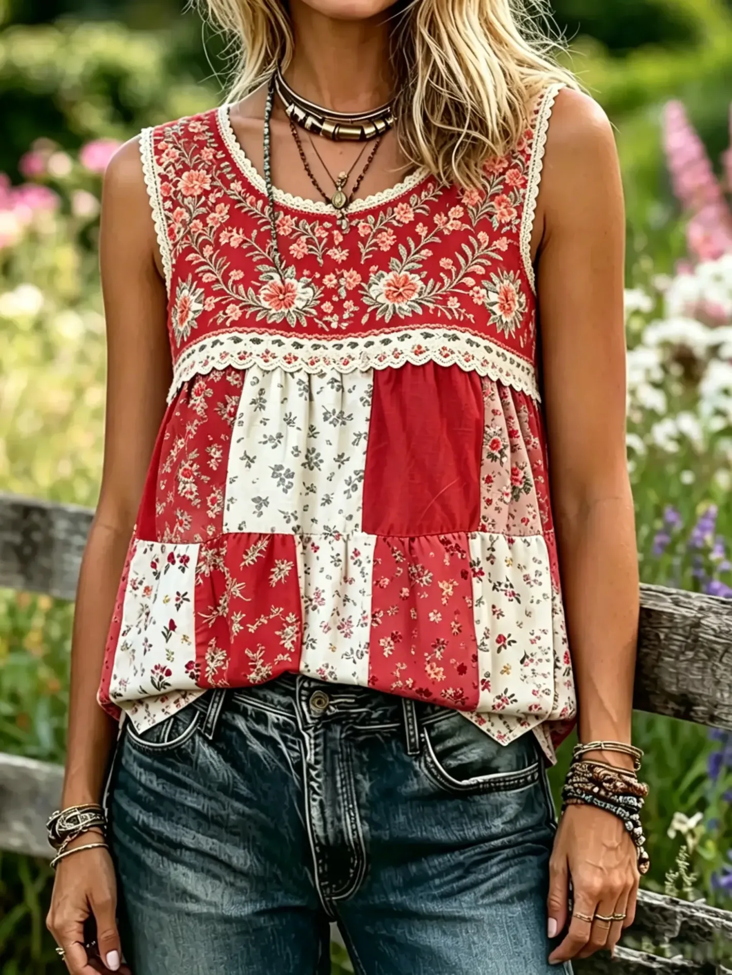 Women's Patchwork Floral Print Lace Trim Sleeveless Tank Top