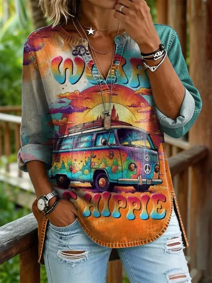 Women's Hippie-style Car Print Casual V-neck Washed Cotton Denim Shirt