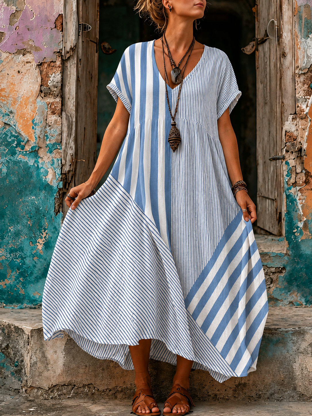 Casual Vacation Retro Geometric Print Maxi Dress