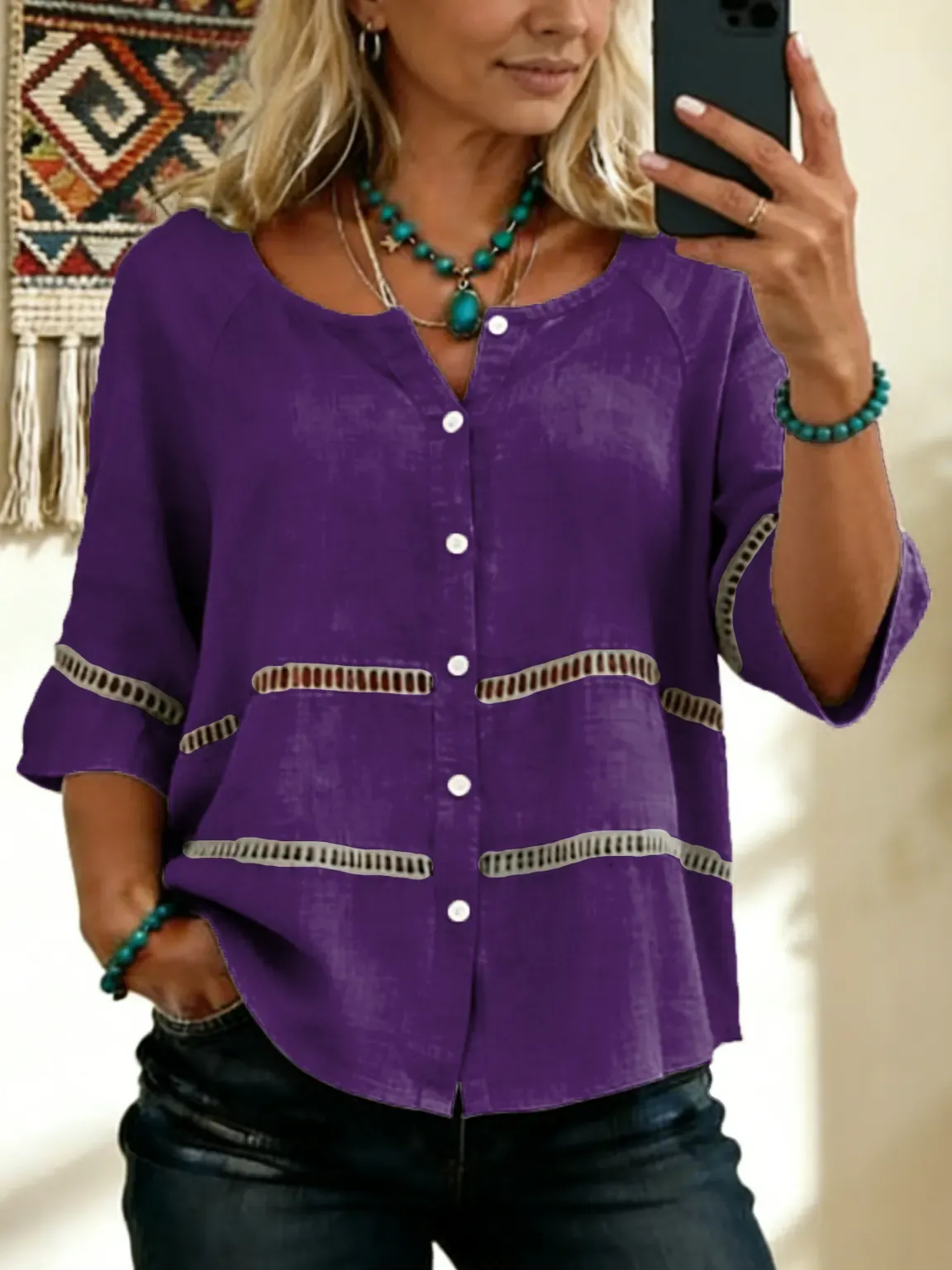 Women's Tie-front Button-up Cotton-linen Blend Short-sleeve Shirt