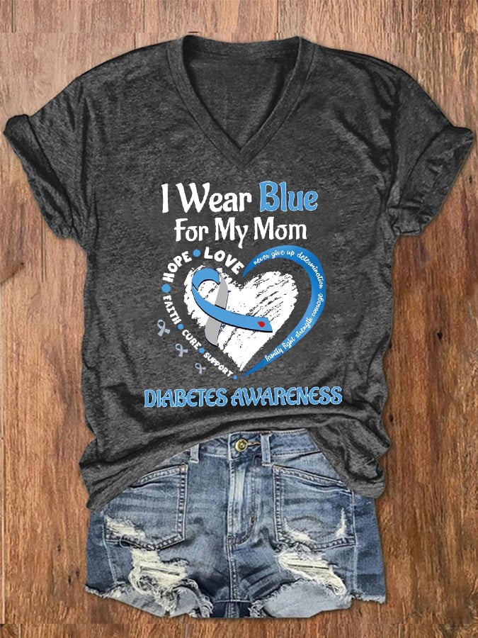 Women's I Wear Blue For My Mom Peace Love Cure Diabetes Awareness V-Neck Tee