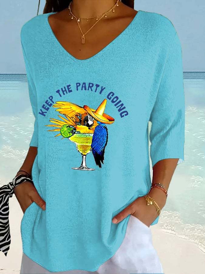 Women's Retro Muscic Lover Parrot Keep The Party Going Print Shirt
