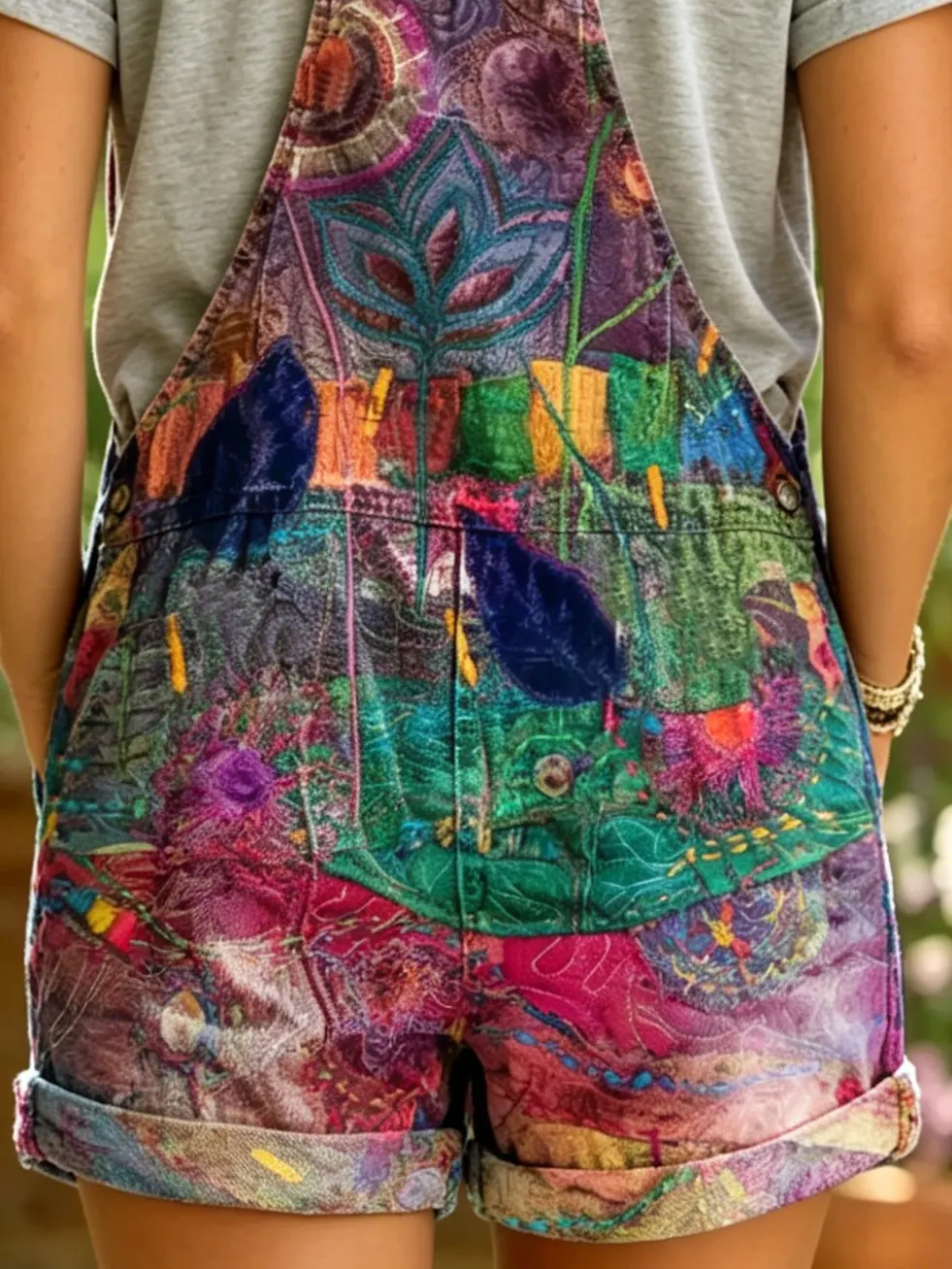 Women's Abstract Tribal Art Print Denim Short Overalls