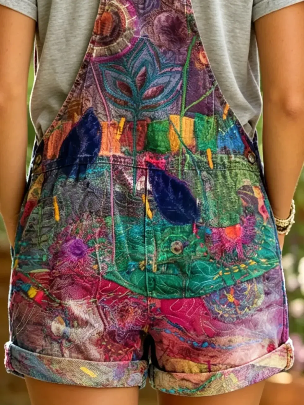 Women's Abstract Tribal Art Print Denim Short Overalls