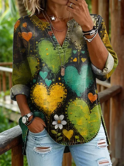 Women's Retro Heart Art Print Long-sleeve V-neck Shirt