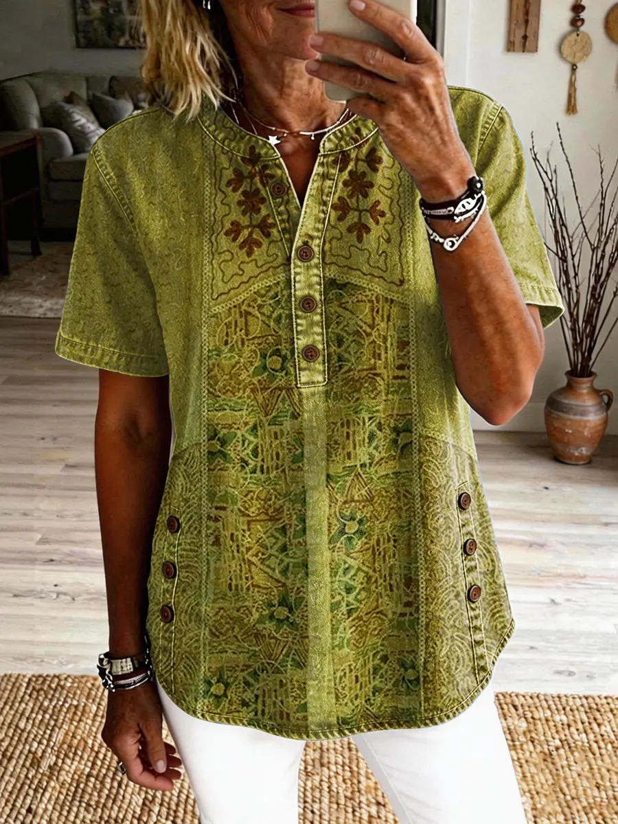 Women's Vintage Ethnic Pattern Art Print Casual Short-sleeve Washed Cotton Denim Shirt