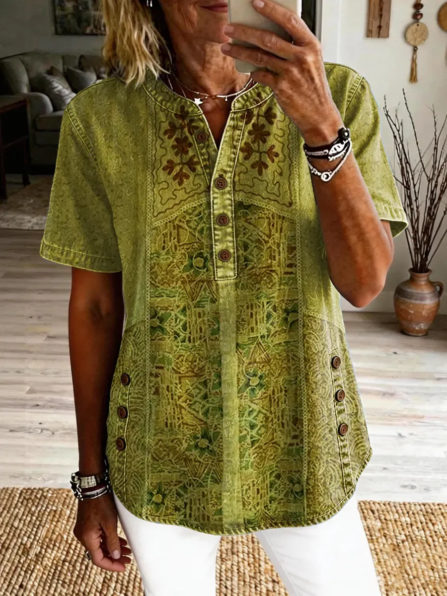 Women's Vintage Ethnic Pattern Art Print Casual Short-sleeve Washed Cotton Denim Shirt