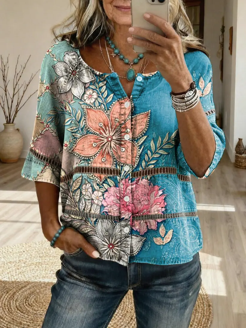 Women's Retro Bohemian Floral Art Print Casual Cutout Top