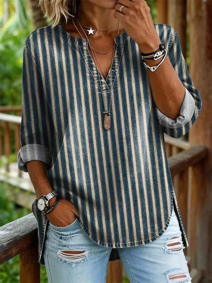 Women's Retro Vertical Striped Art Print Casual Long-sleeve V-neck Shirt