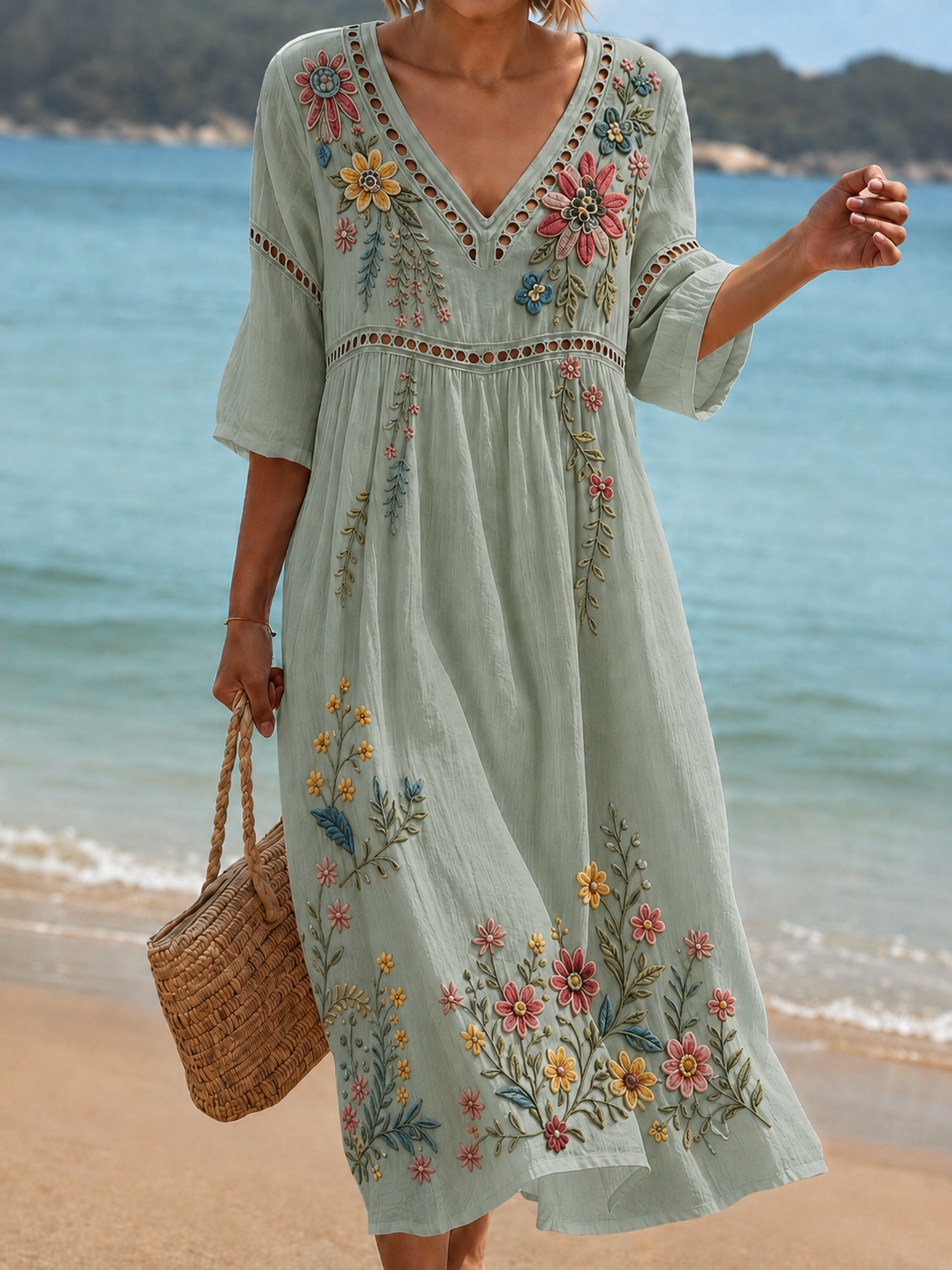 Women's Vacation Linen Boho Floral Print V-Neck Short Sleeve Maxi Dress