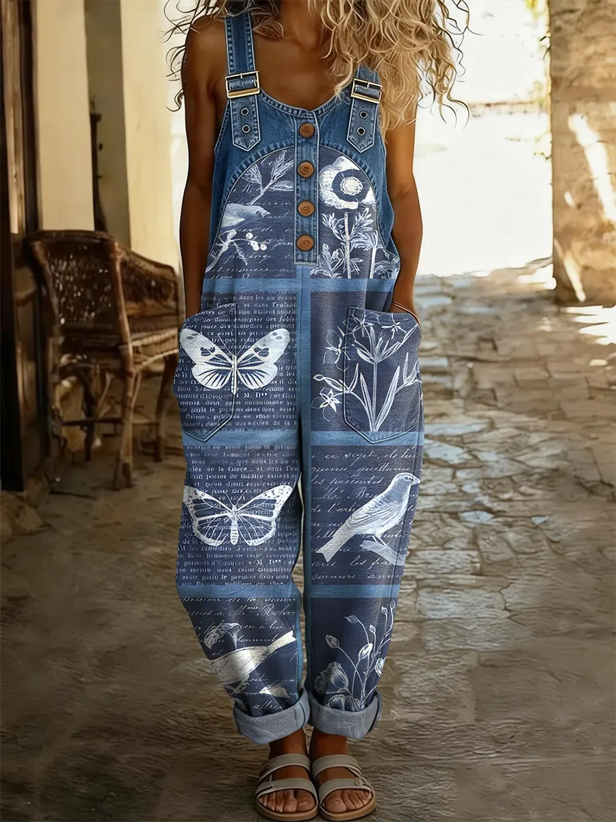 Women's Retro Animal Art Print Casual Denim Patchwork Jumpsuit