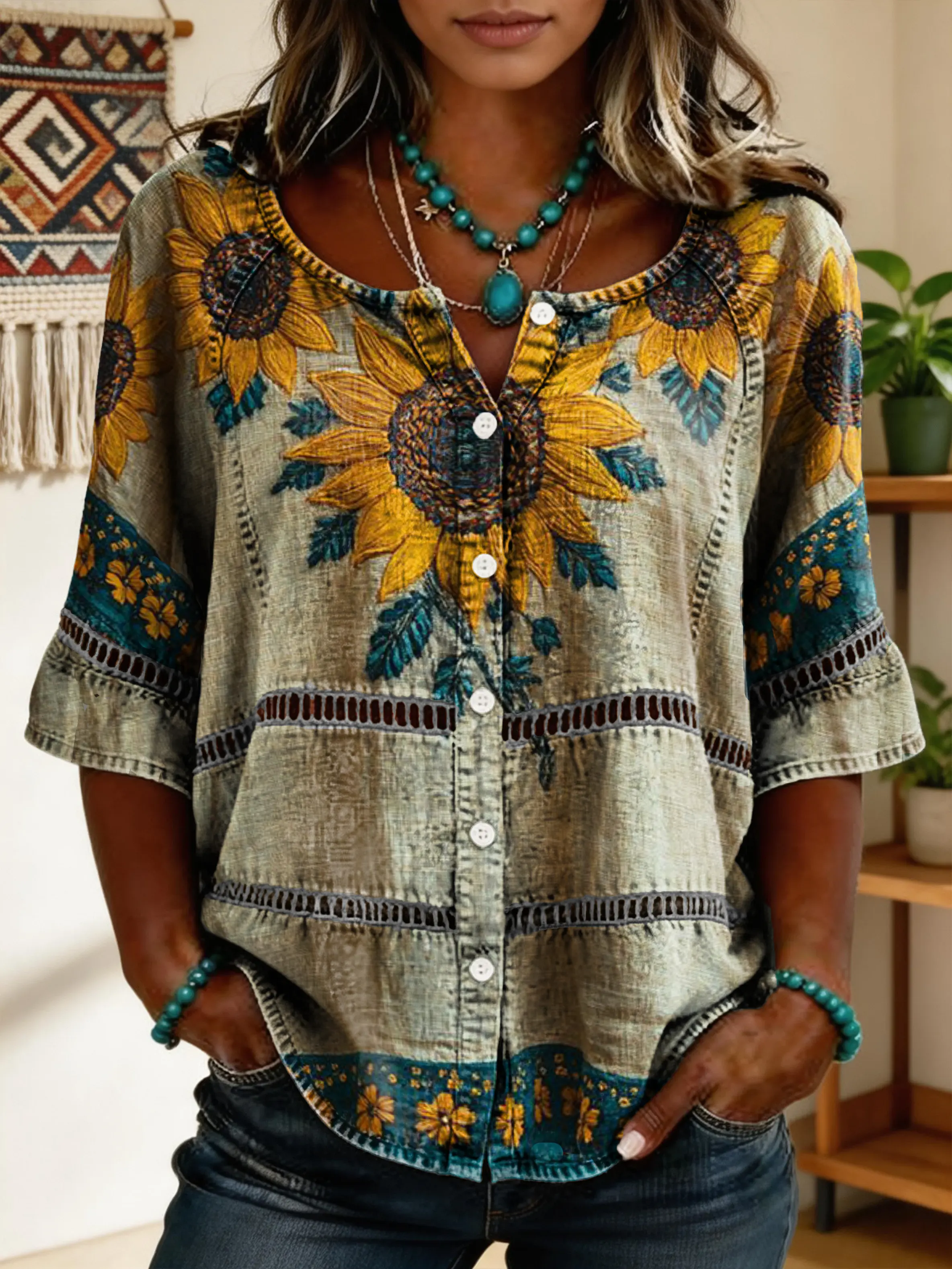 Women's Vintage Floral Art Print Lace-up Button-up Short-sleeve Shirt