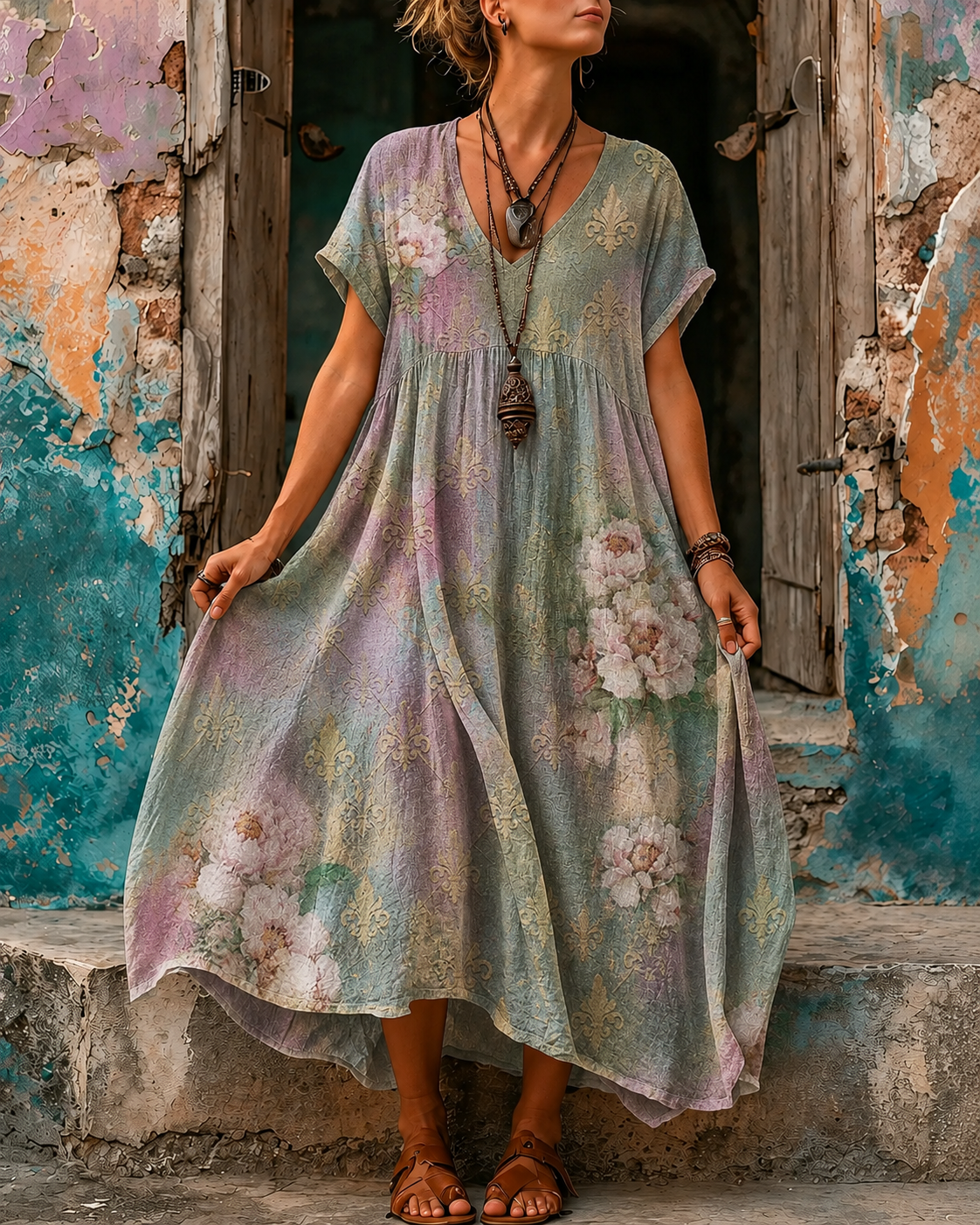 Women's Vacation Linen Boho Floral Print V-Neck Short Sleeve Maxi Dress