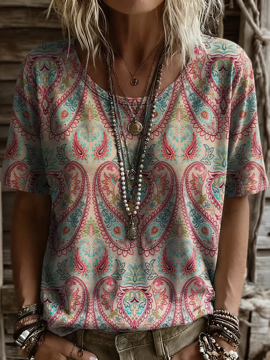 Women's Retro Bohemian Art Print Casual Short Sleeve Crew Neck Cotton T-shirt
