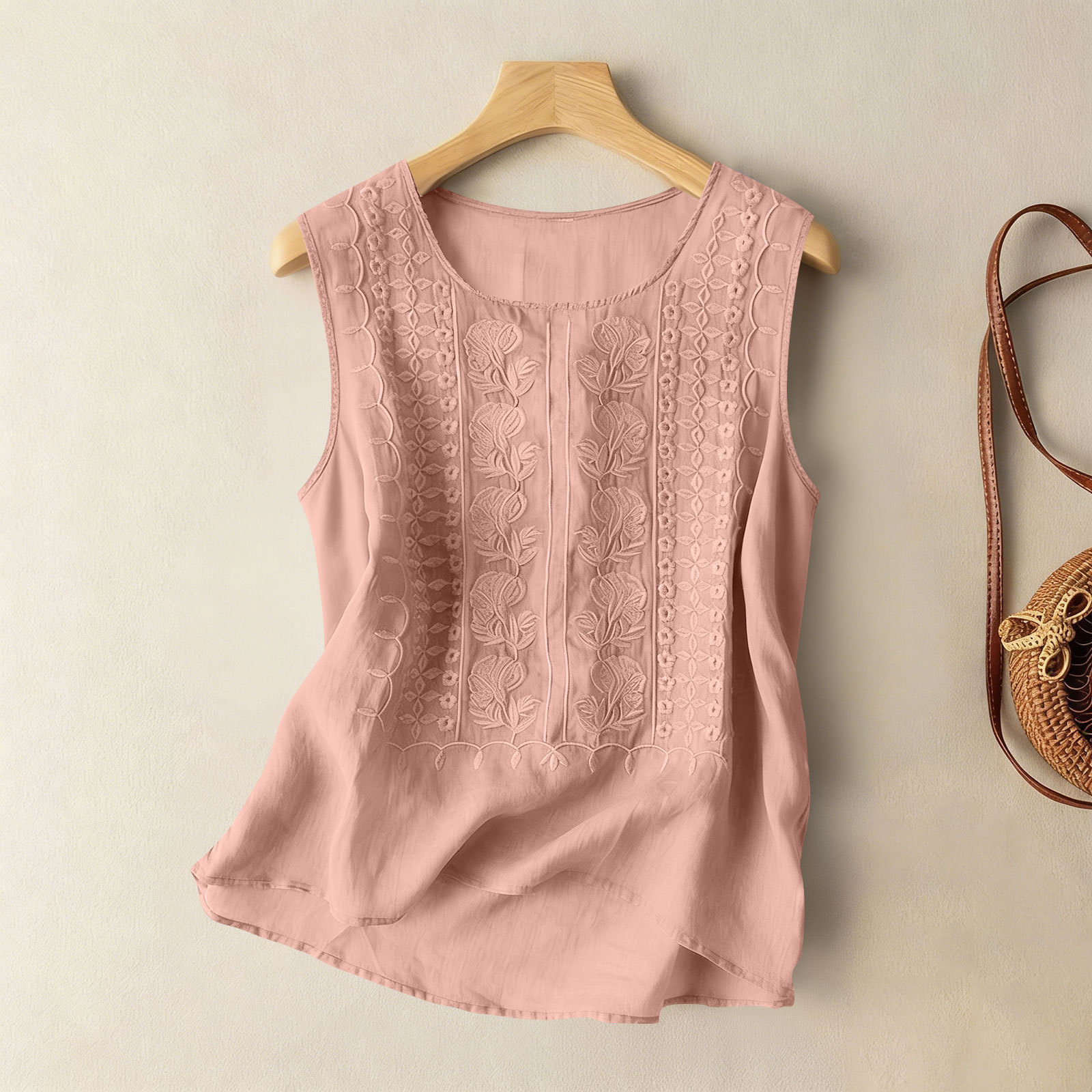 Women's Cotton and Linen Round Neck Embroidered Tank Tops