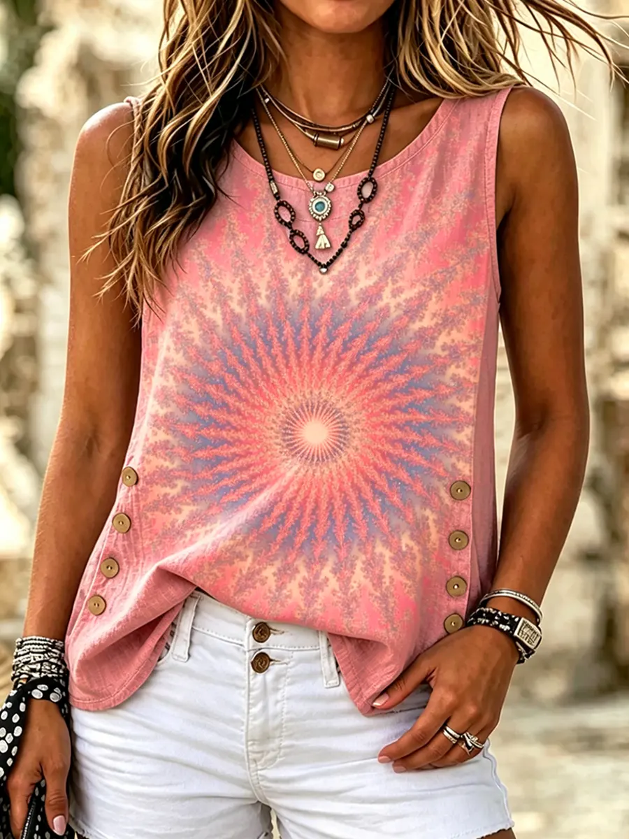 Women's Tie-Dye Print Cotton Side Button Sleeveless Tank Top