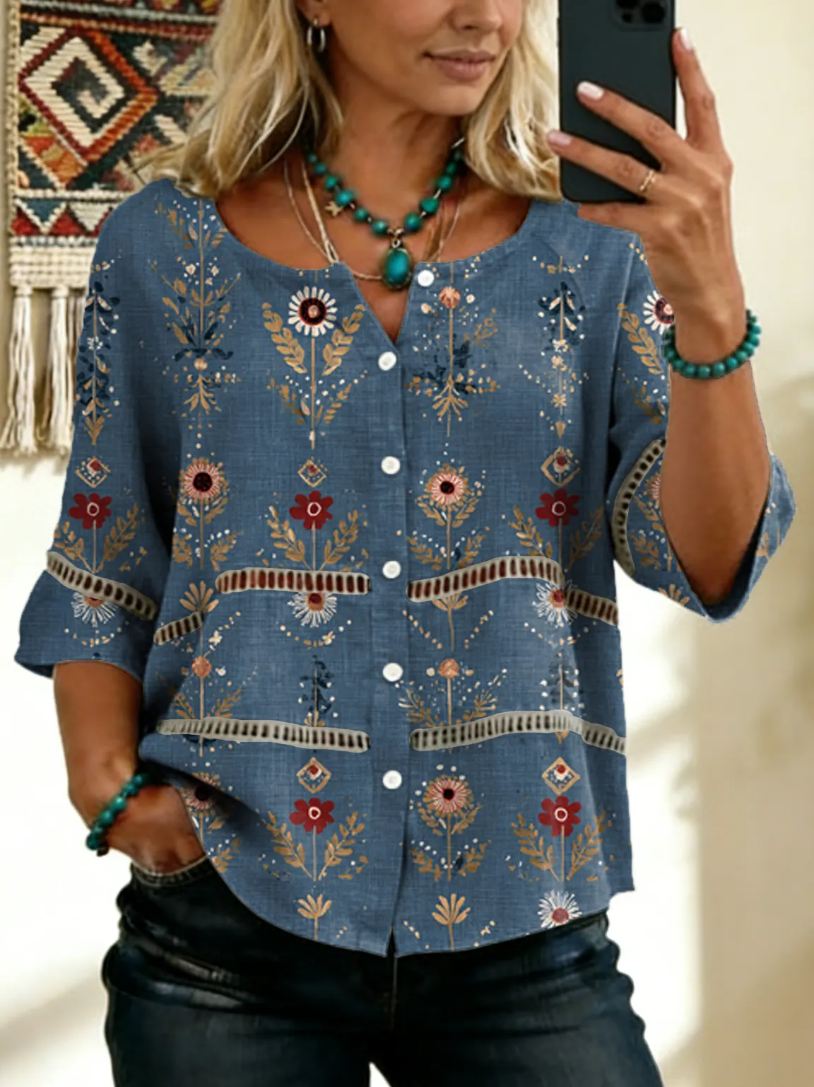 Women's Vintage Floral Art Print Tie-front Button-up Cotton-linen Blend Short-sleeve Shirt