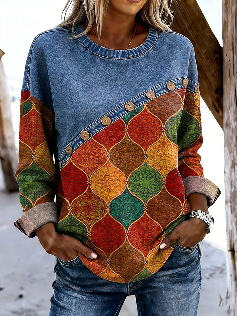 Women's Retro Colorful Bohemian Plaid Art Print Casual Long Sleeve Round Neck Denim Patchwork Top