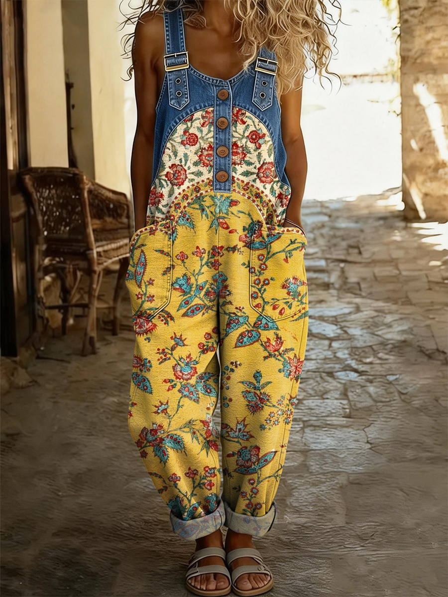Women's Retro Color Block Bohemian Floral Art Print Casual Denim Patchwork Jumpsuit