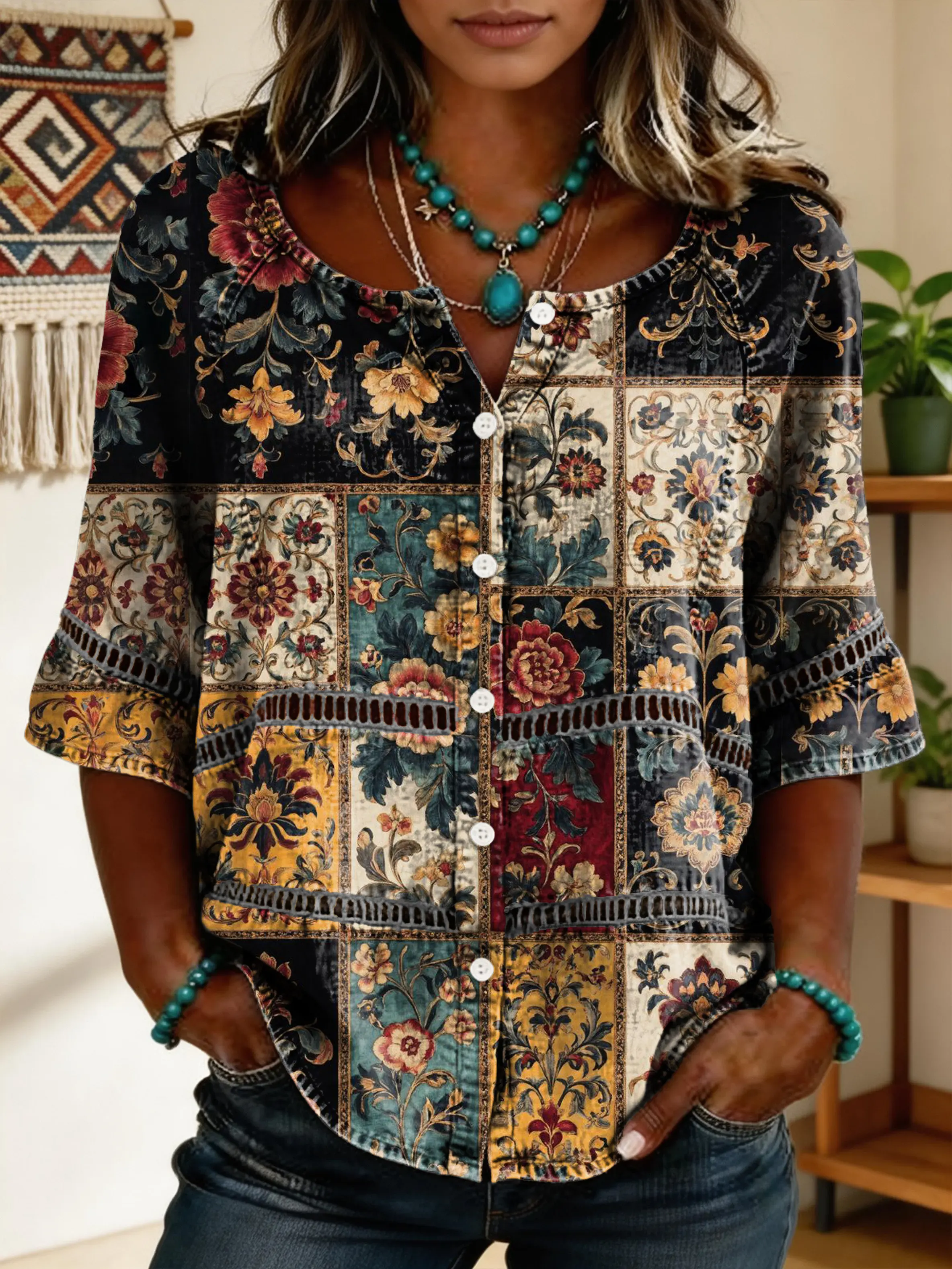 Women's Vintage Floral Art Print Lace-up Button-up Short-sleeve Shirt