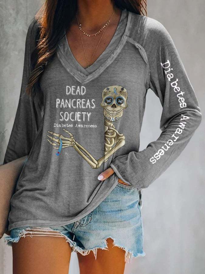 V-Neck Retro Diabetes Awareness Dead Pancreas Society Long Sleeve T-Shirt