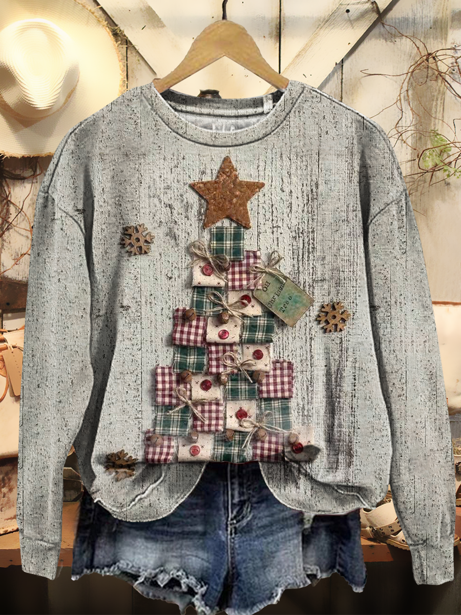 Women's Vintage Gray Christmas Art Print Casual Crewneck Pullover Sweatshirt