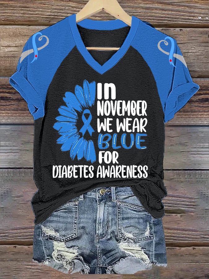Women's In November We Wear Blue For Diabetes Awareness V-Neck Tee
