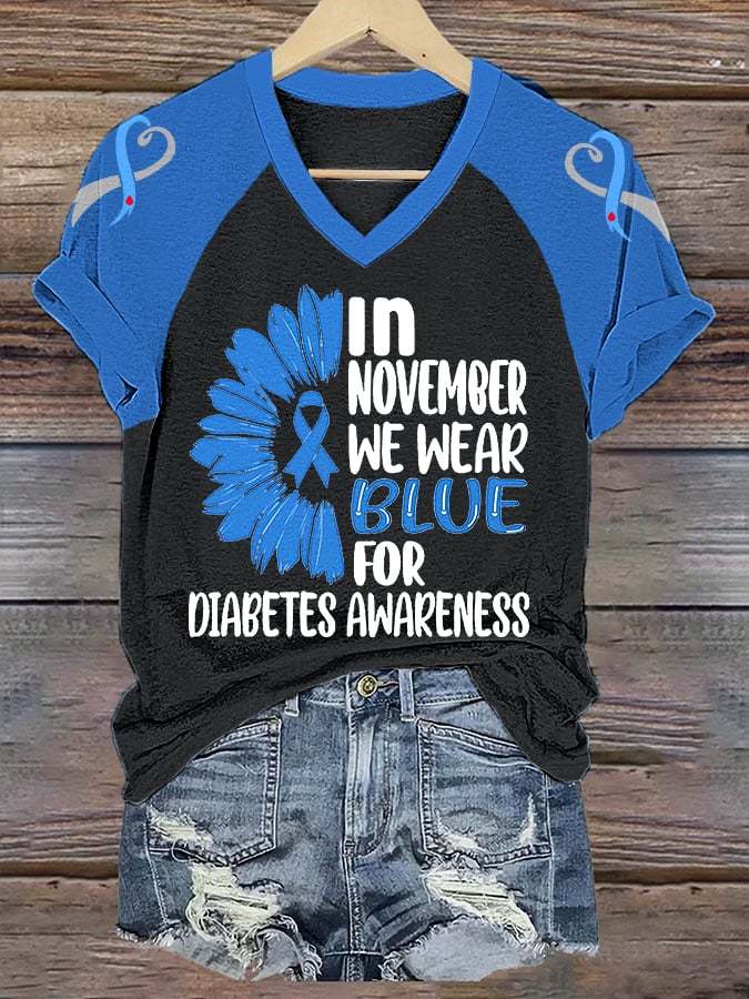 Women's In November We Wear Blue For Diabetes Awareness V-Neck Tee