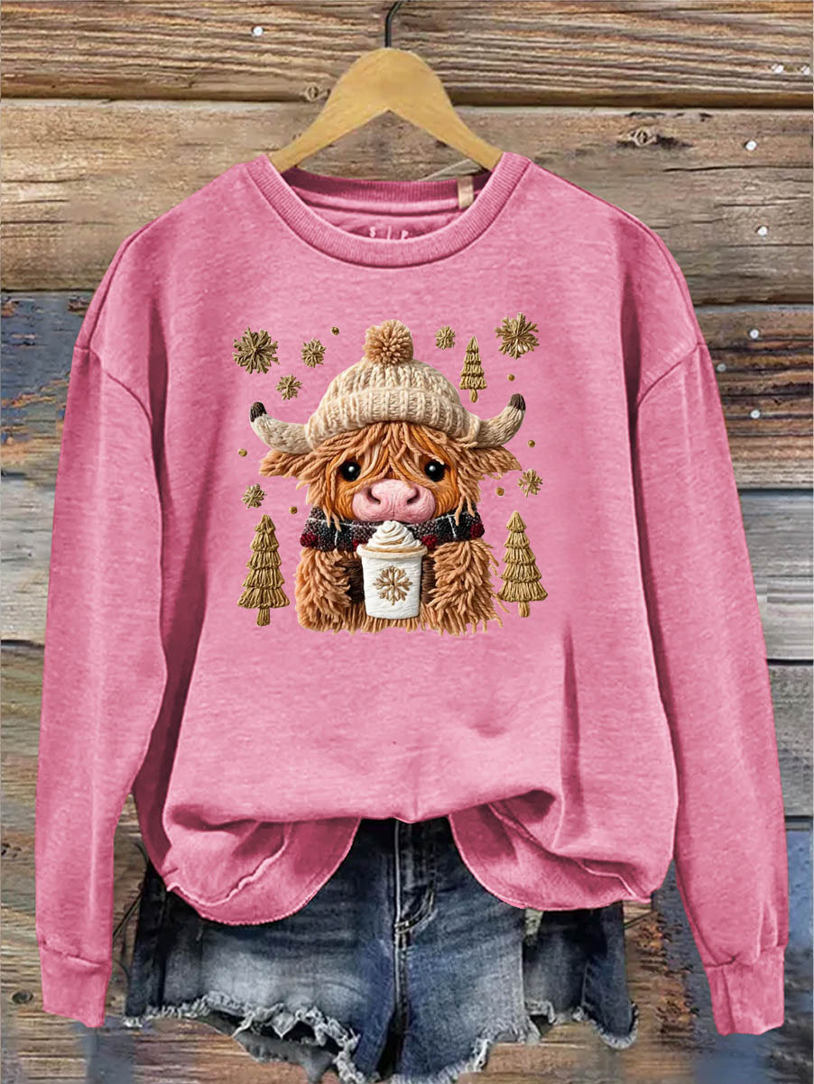 Women's Christmas Cow Knitting Crochet Pattern Neck Sweatshirt