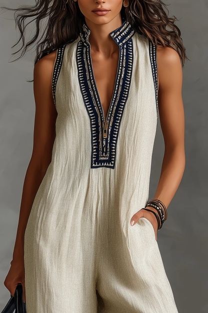 Women’s Linen Blend Sleeveless V-Neck Wide Leg Jumpsuit – Casual Summer Boho Romper with Pockets