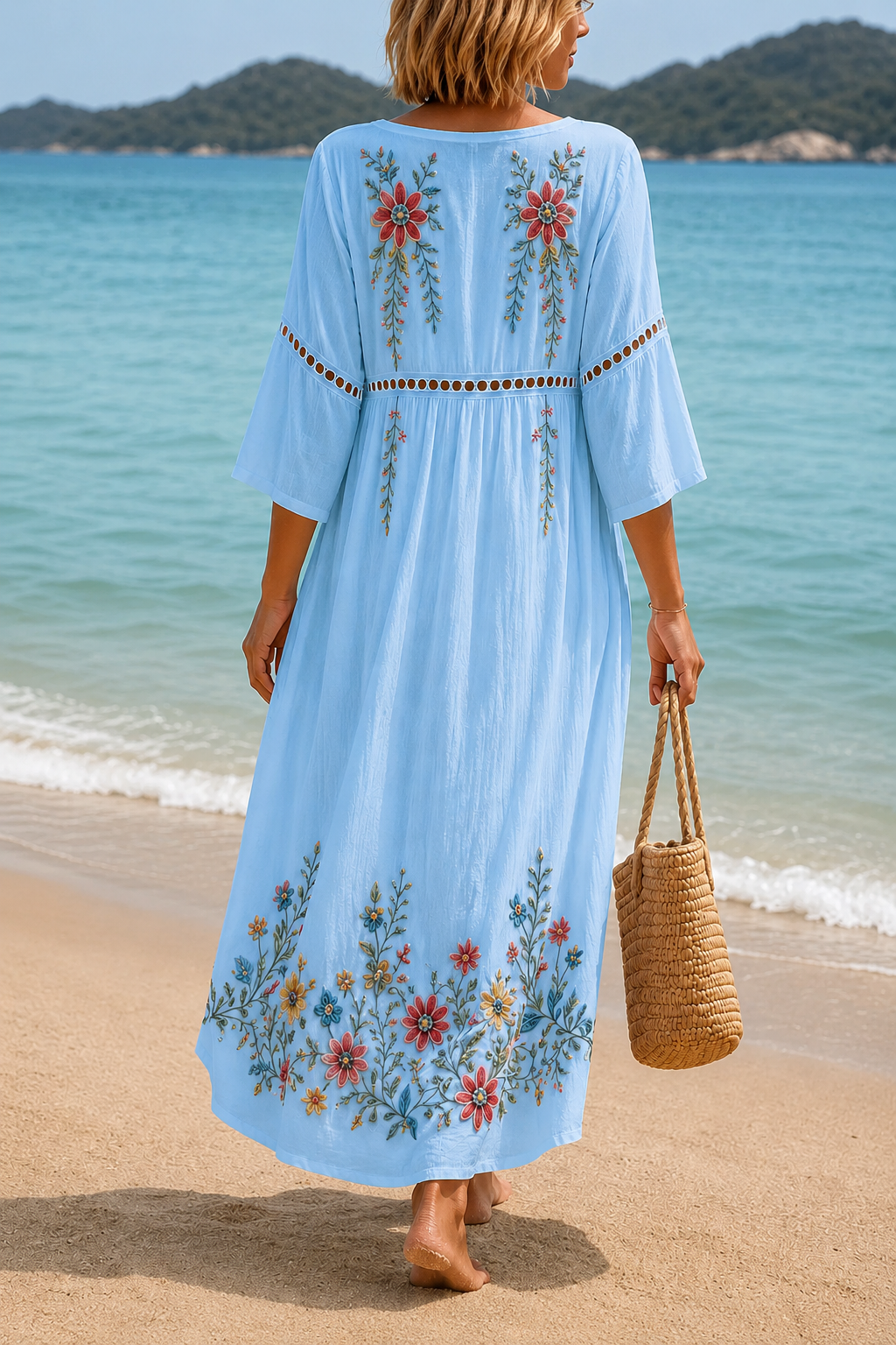 Women's Vacation Linen Boho Floral Print V-Neck Short Sleeve Maxi Dress
