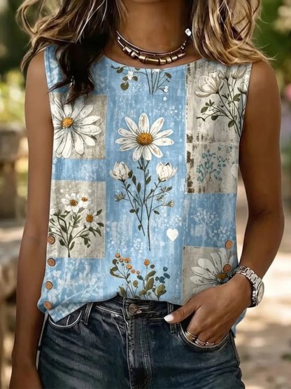 Ethnicity Bohemian Style Flowers Women's Casual Button-down Tank Top