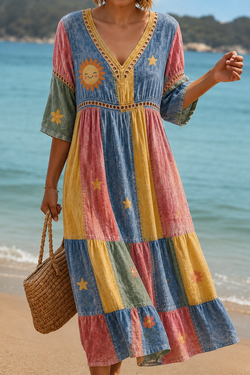 Women's Vacation Linen Boho Pattern Splicing Print V-Neck Short Sleeve Maxi Dress