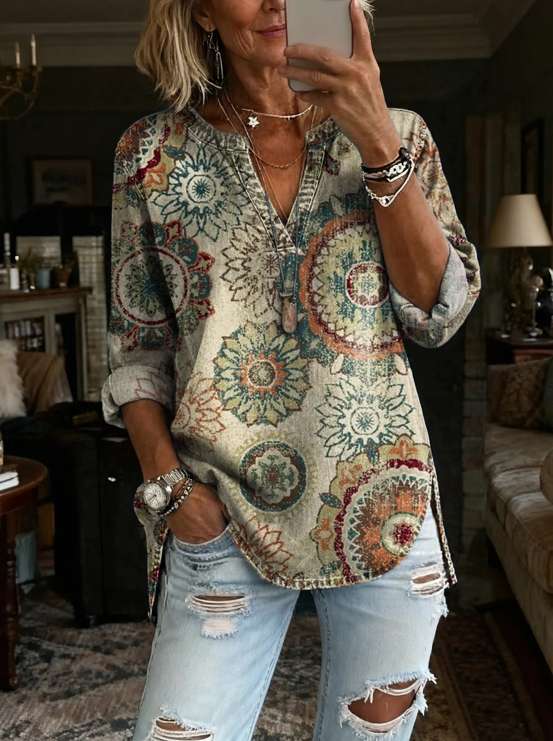 Women's Retro Bohemian Ethnic Floral Art Print Casual V-Neck Washed Cotton Denim Top