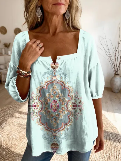 Women's Vintage Ethnic Floral Print Artistic Casual Square Neck Top
